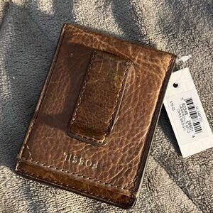 Fossil Mykel Credit Card Case Money Clip Wallet Medium Brown Leather